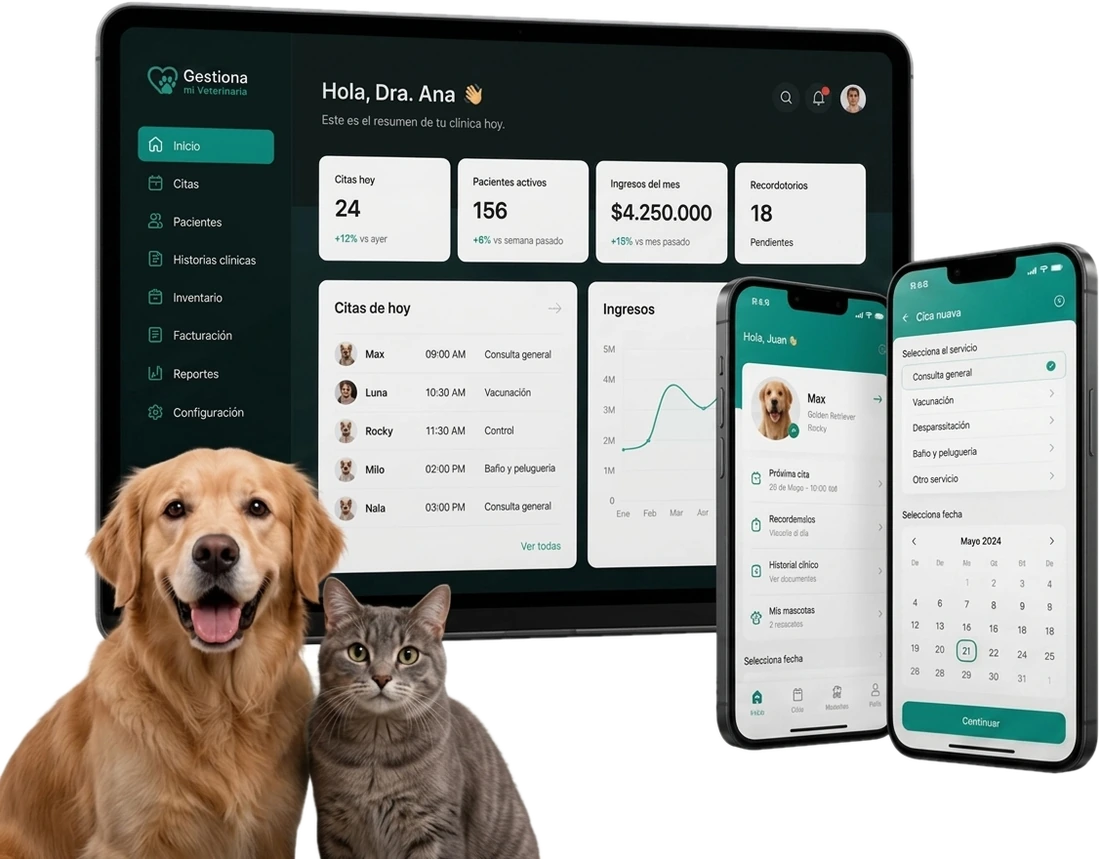 Panel de la clínica y app del dueño de Gestiona mi Veterinaria